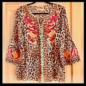 Savanna Jane Leopard Print Embroidery Blouse Tan Brown Pink Cream NEW with Tag